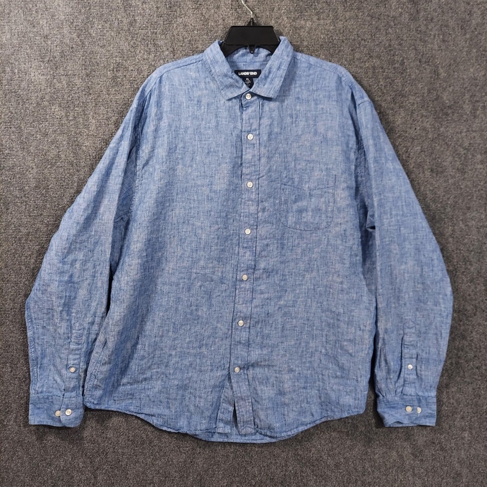 Lands' End Shirt Mens XL Blue Linen Long Sleeve Button Up Tailored Fit Casual